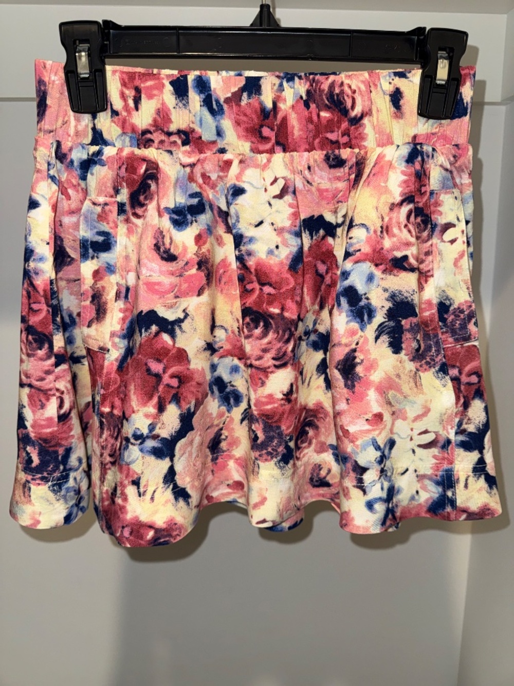 21 Floral Pleated Mini Skirt with Pockets Pink Blue Watercolor Print Size S